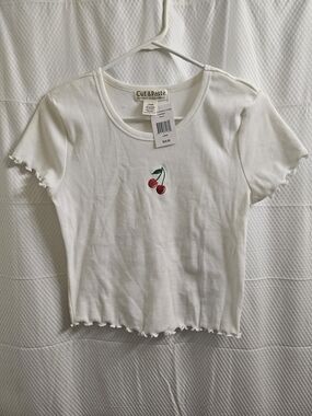 Cut & Paste White Ribbed Short Sleeve Tee with Cherry Embroidery